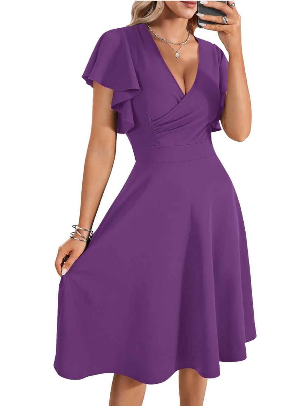 V-Neck Flutter Sleeve Midi Dress in Purple